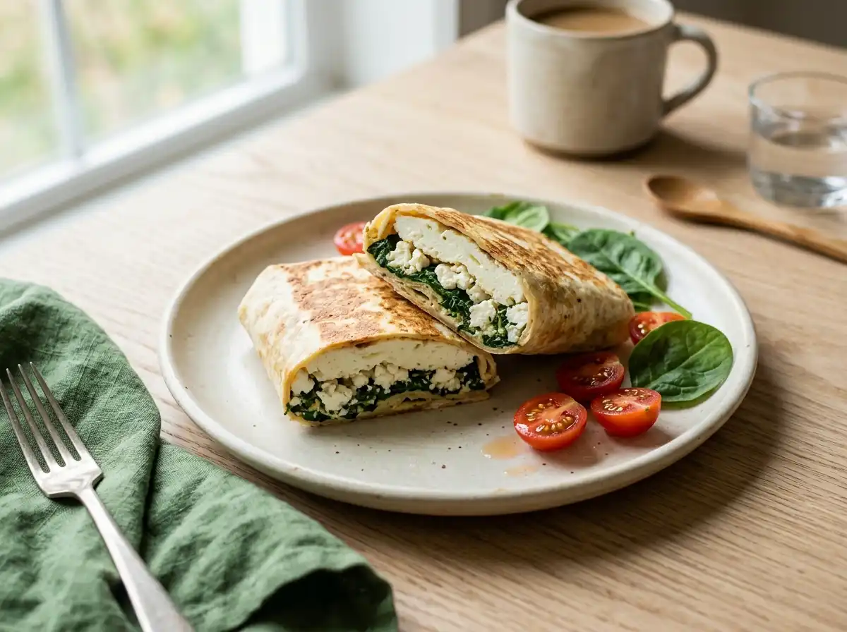 Egg white breakfast wrap with feta and spinach, sliced in half showing the filling