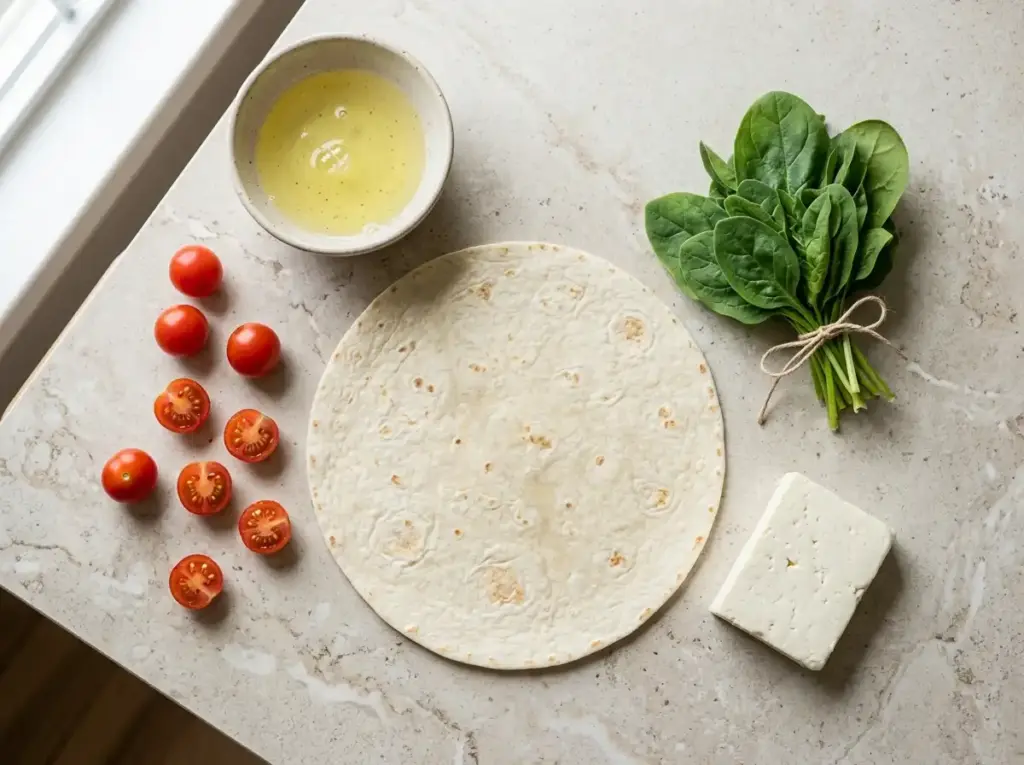 Ingredients for an egg white breakfast wrap: egg whites, spinach, feta and tortilla