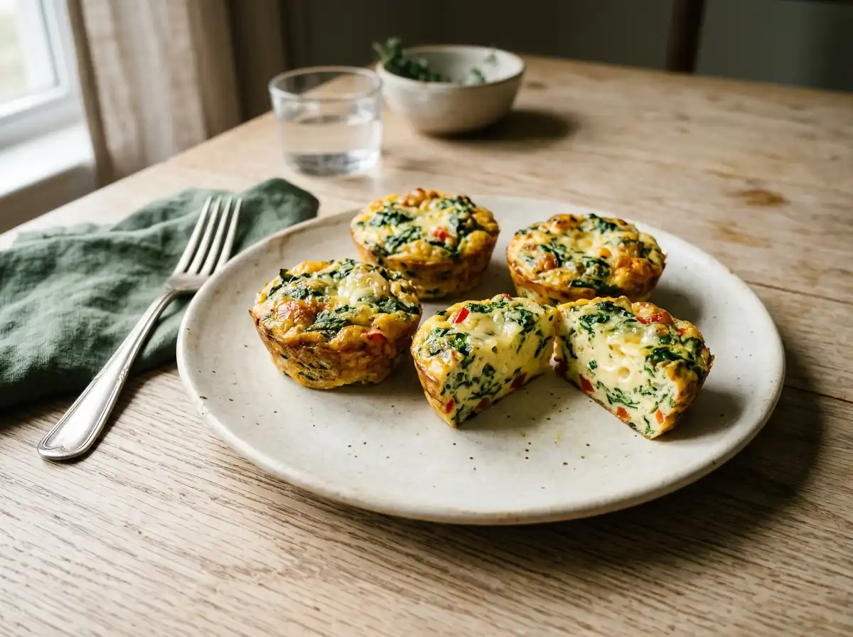 Cottage cheese egg bites with spinach and Gruyère, one cut open to show the silky texture