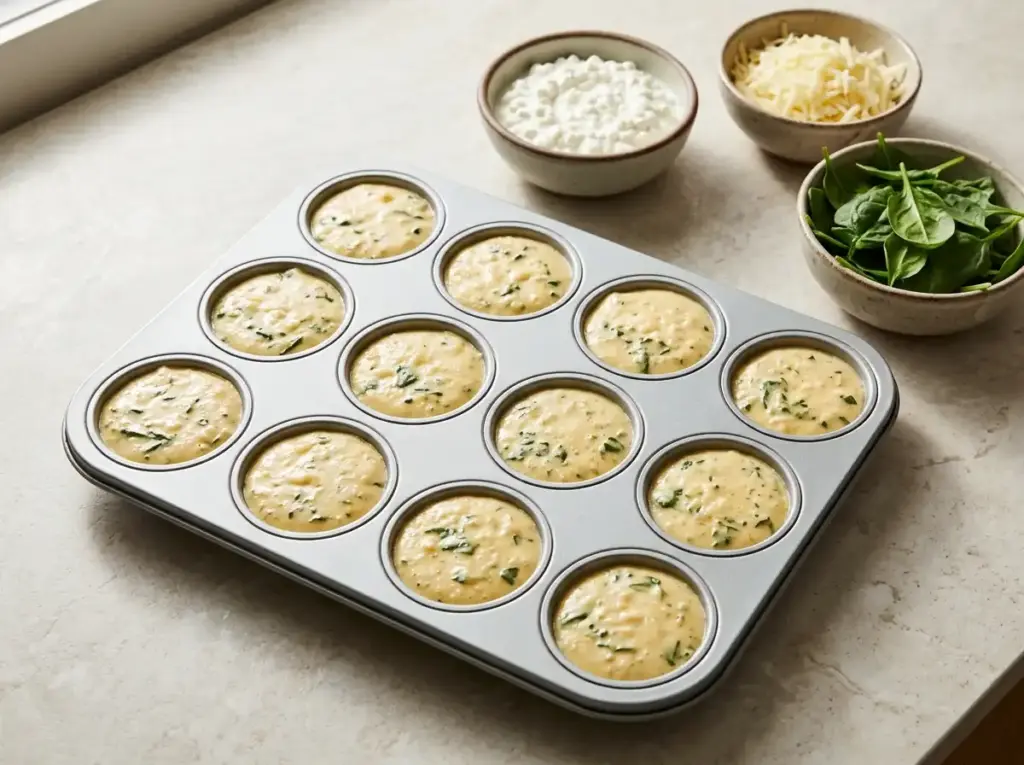 Muffin tin filled with cottage cheese egg bite batter beside cottage cheese, Gruyère and spinach