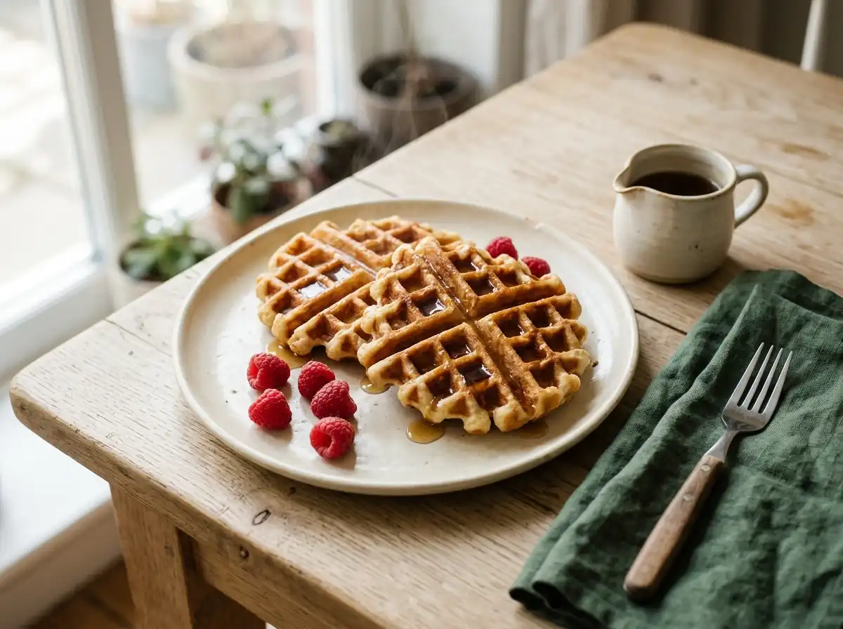 Two crisp golden cottage cheese waffles on a cream plate with raspberries and maple syrup