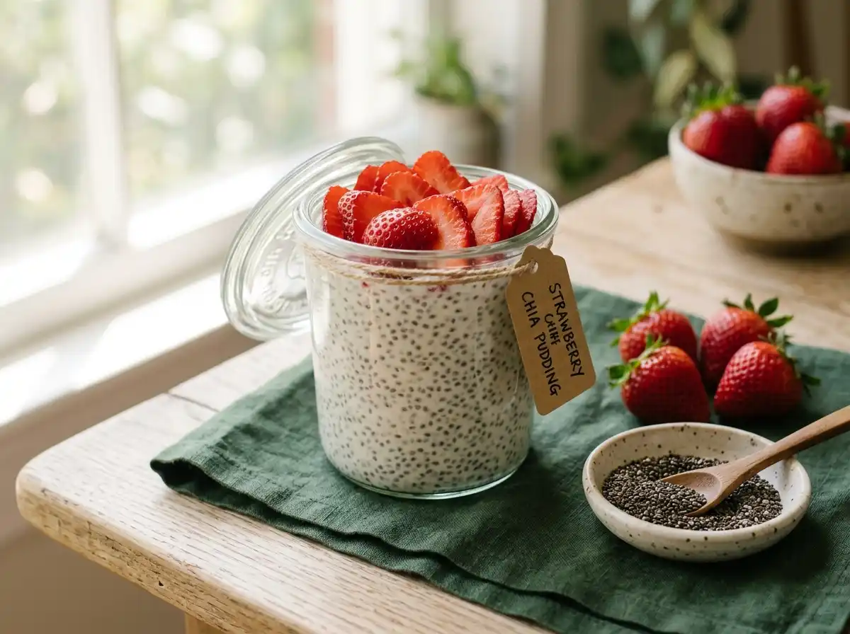 High protein chia pudding made with Greek yogurt in a glass jar, topped with sliced strawberries