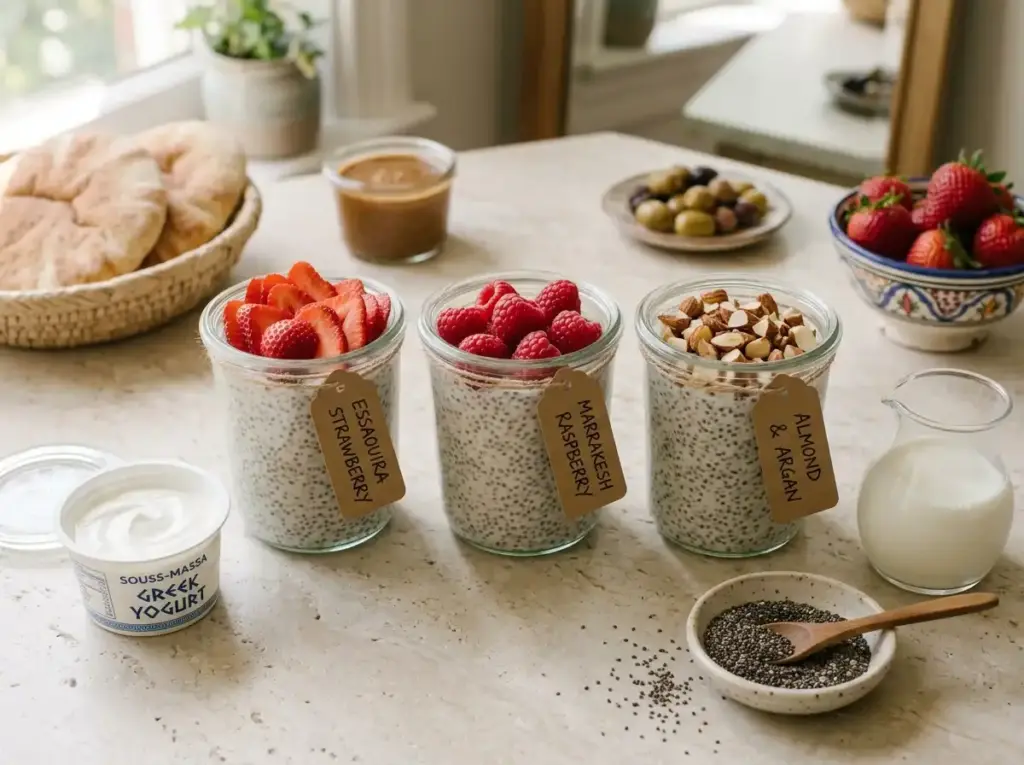 Three jars of chia pudding with different toppings beside Greek yogurt, chia seeds and milk