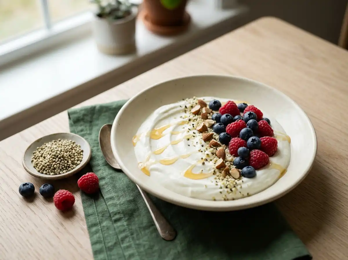 Greek yogurt breakfast bowl topped with blueberries, raspberries, chopped almonds and hemp seeds
