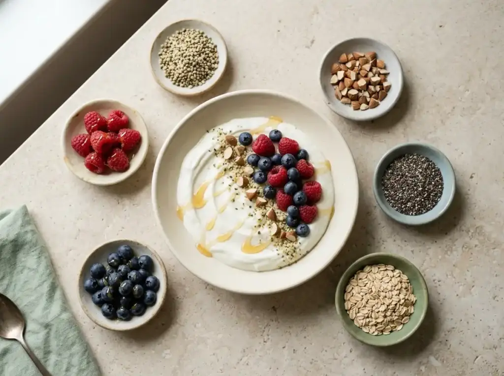 Bowl of Greek yogurt surrounded by six dishes of toppings including hemp seeds, almonds, chia and berries