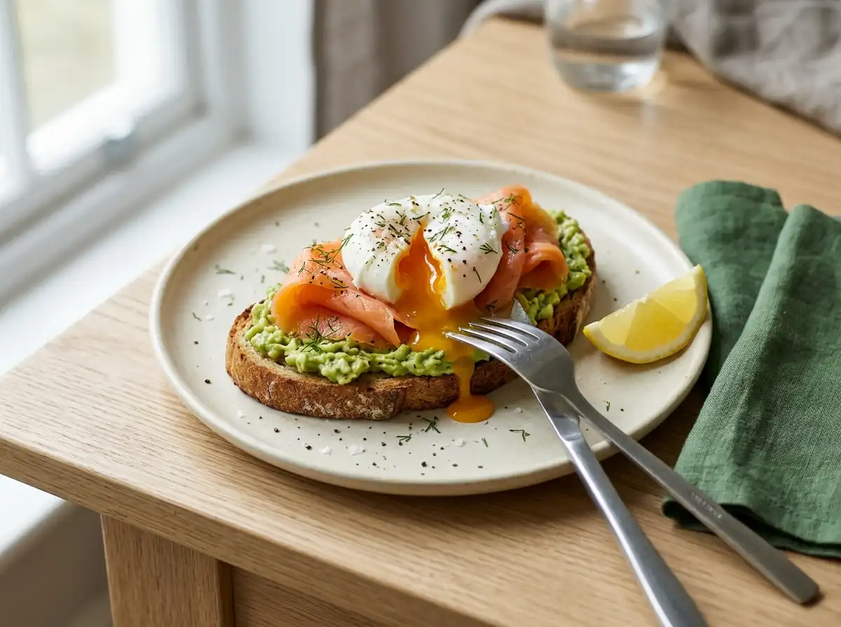 Avocado toast with egg and smoked salmon on sourdough, egg cut open showing the yolk