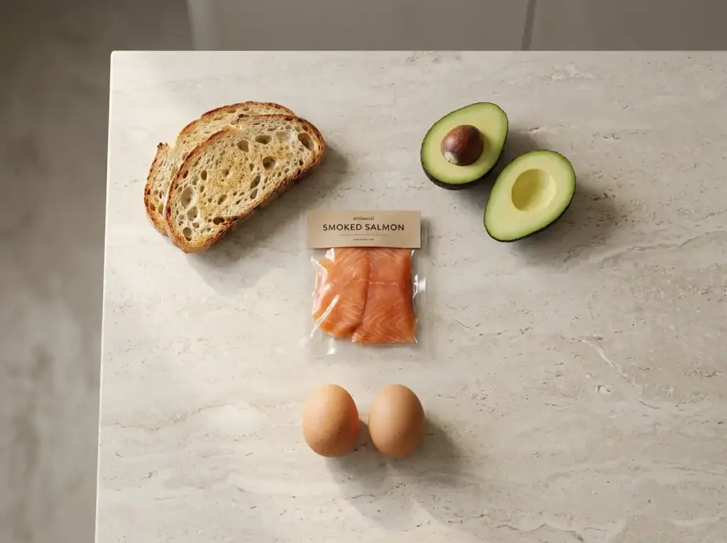 Ingredients for avocado toast with egg: sourdough, avocado, smoked salmon and eggs