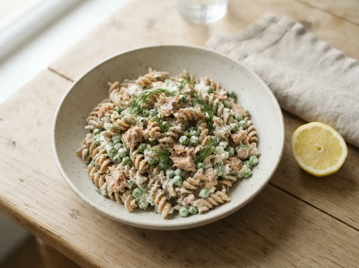 Bowl of high protein tuna pasta salad with cottage cheese dressing and dill, no mayo