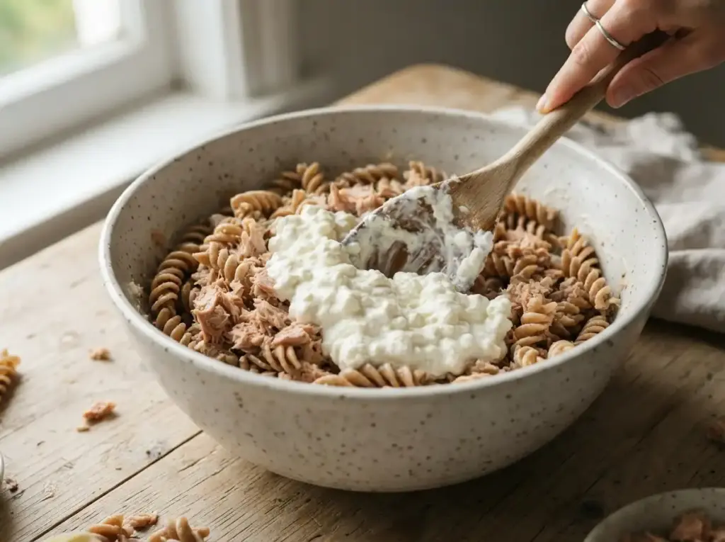 Folding cottage cheese dressing into tuna pasta salad