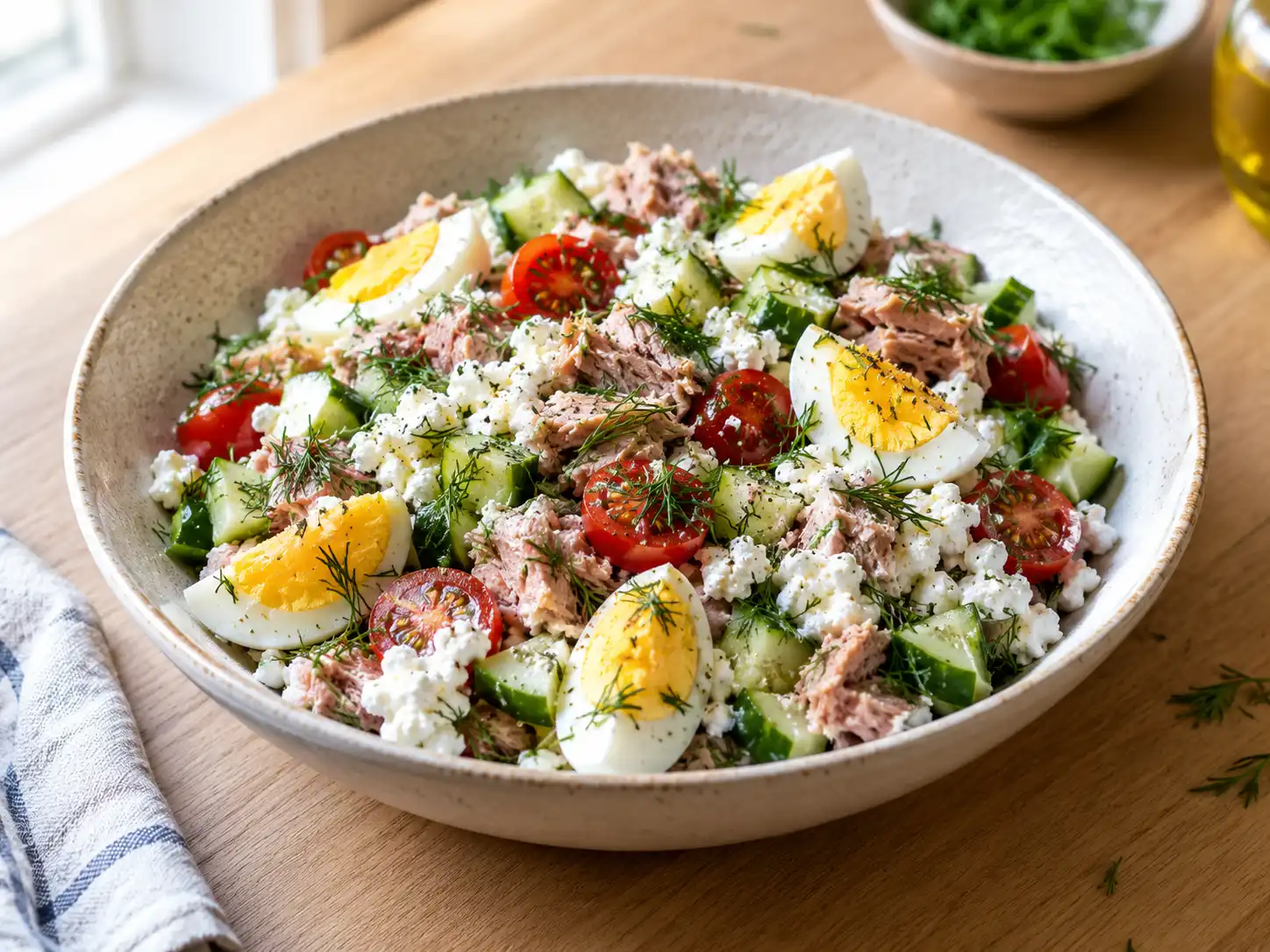 Bowl of cottage cheese tuna salad with hard-boiled eggs, cucumber and tomatoes, no mayo