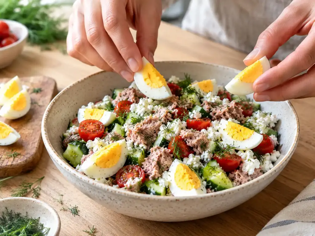 Adding quartered hard-boiled eggs to cottage cheese tuna salad