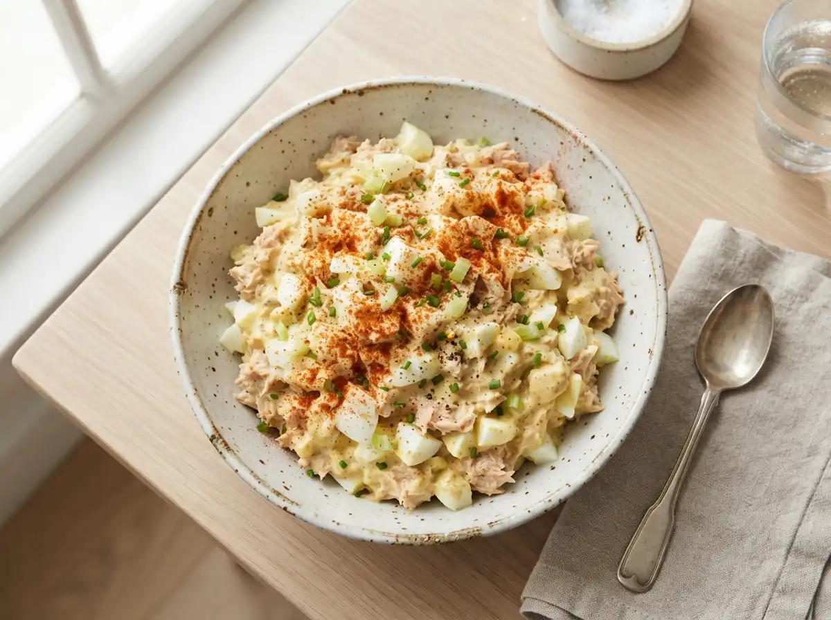 Tuna egg salad with mustard and paprika, deviled-egg style