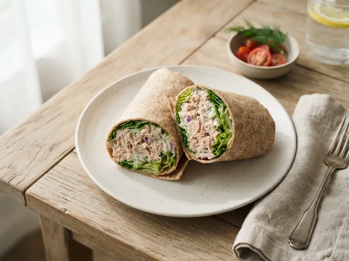High protein tuna wrap cross section with Greek yogurt and cottage cheese
