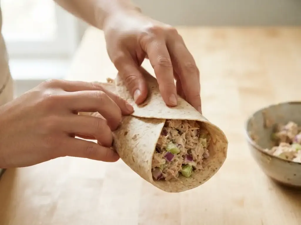 Rolling a high protein tuna wrap
