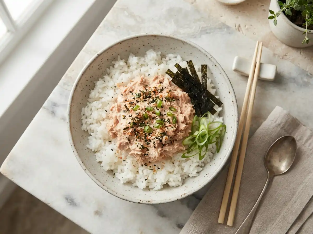 Tuna and rice bowl with furikake and nori, Japanese-style