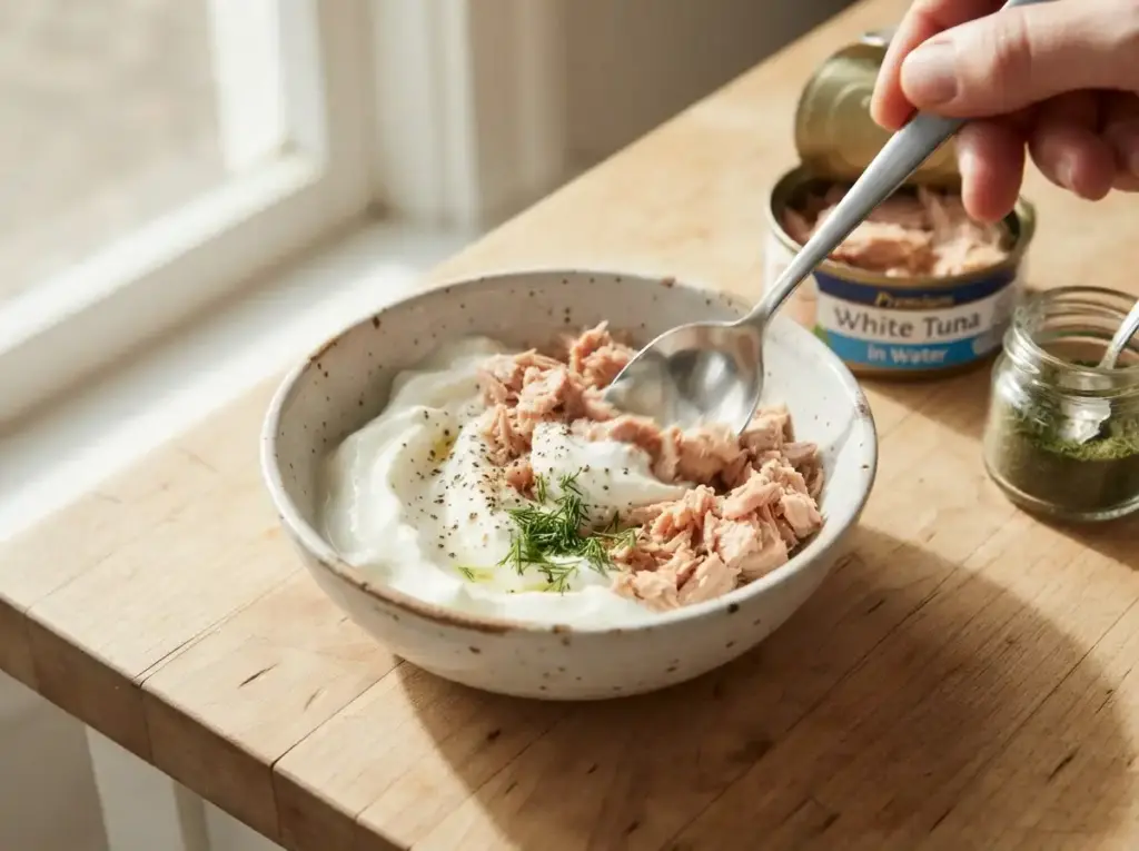 Mixing tuna with yogurt for a Japanese-style rice bowl