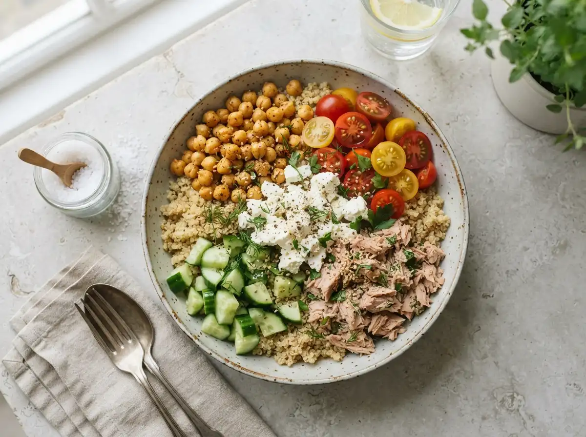 High protein tuna bowl with quinoa, chickpeas and feta
