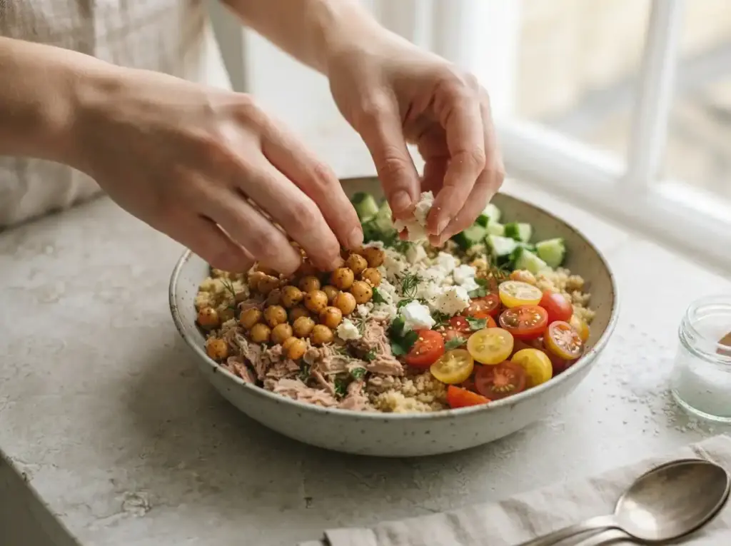 Assembling a high protein tuna quinoa bowl