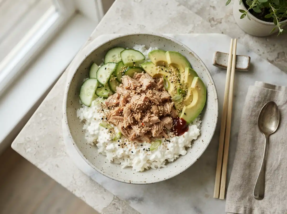 High protein tuna rice bowl with cottage cheese rice