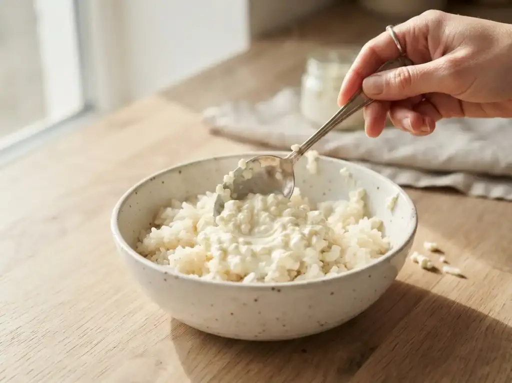 Folding cottage cheese into warm rice for extra protein