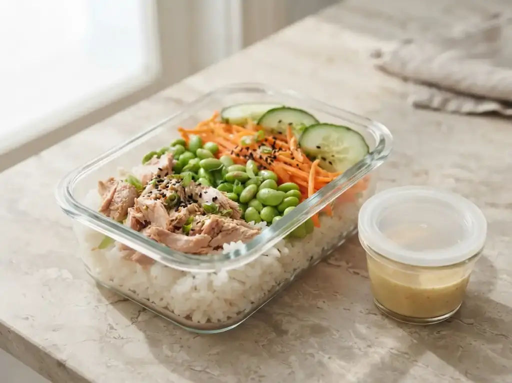 Dressing stored separately from a meal-prepped tuna dish
