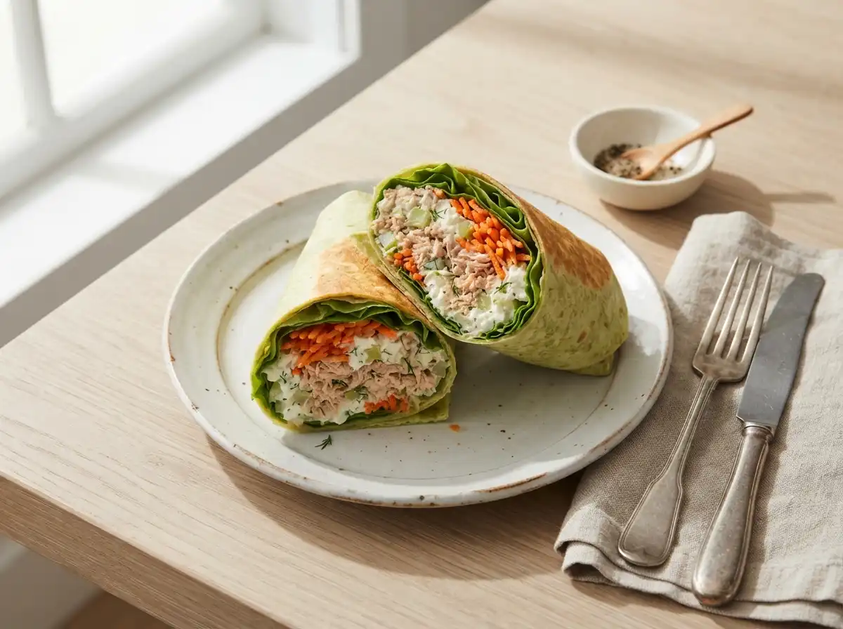 Tuna cottage cheese wrap sliced in half, showing the filling