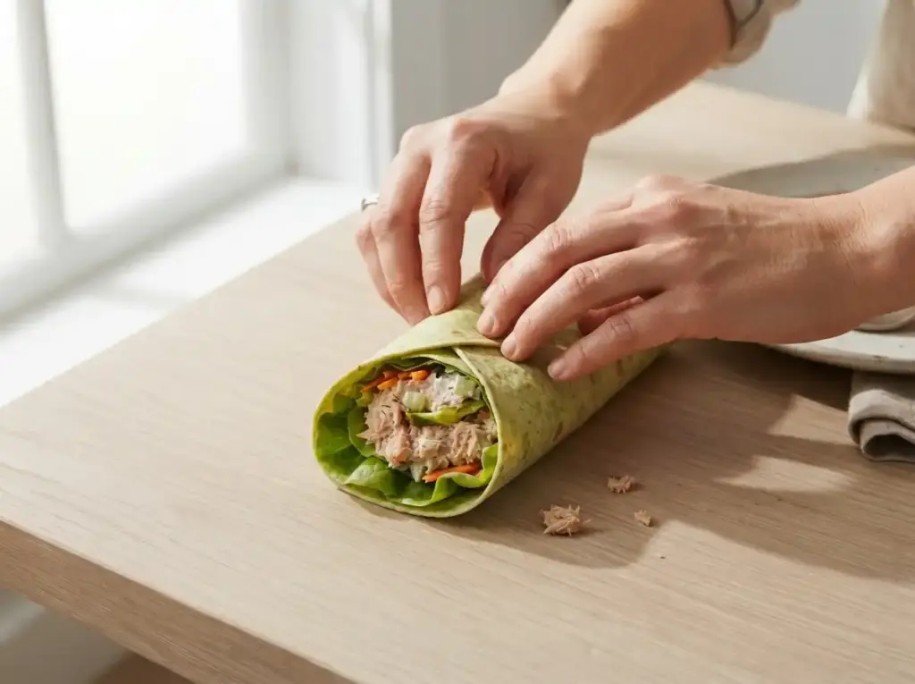 Rolling a tuna cottage cheese wrap tightly