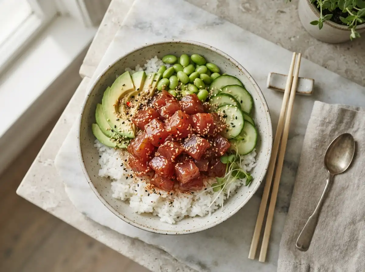 Spicy poke-style tuna rice bowl with avocado and edamame