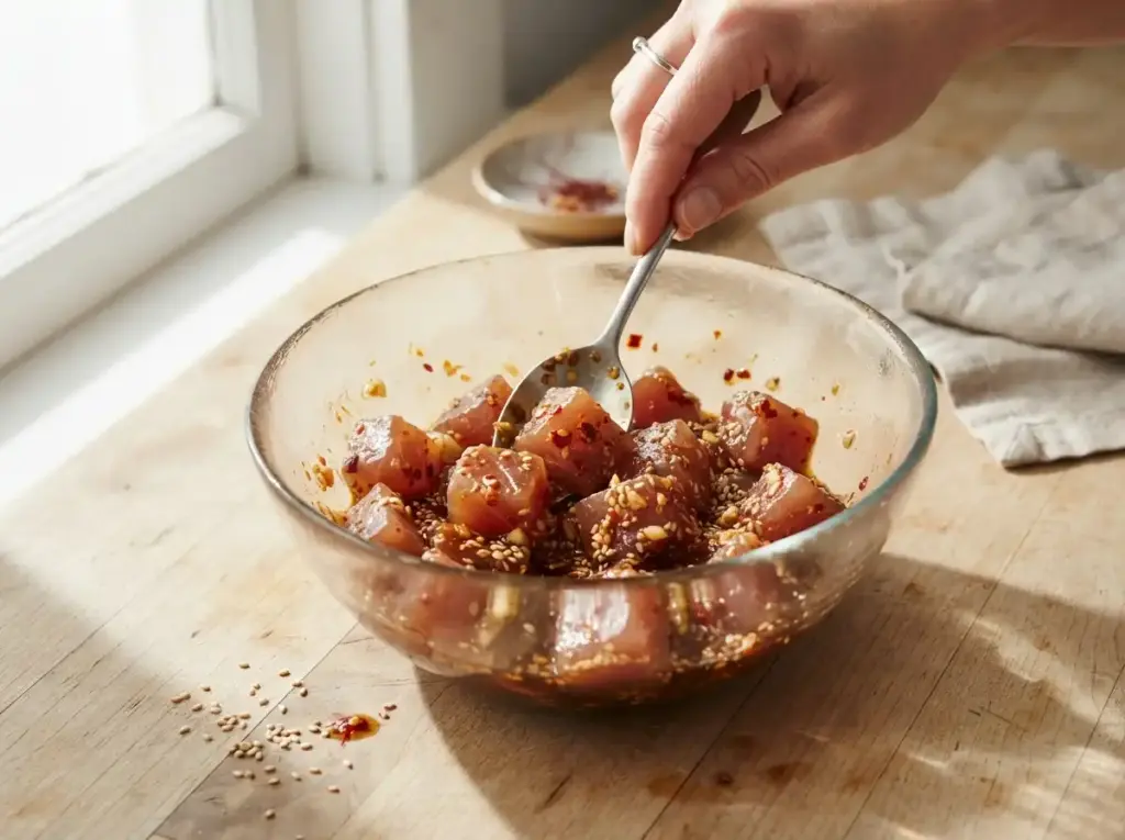 Marinating cubed raw tuna in spicy soy sauce