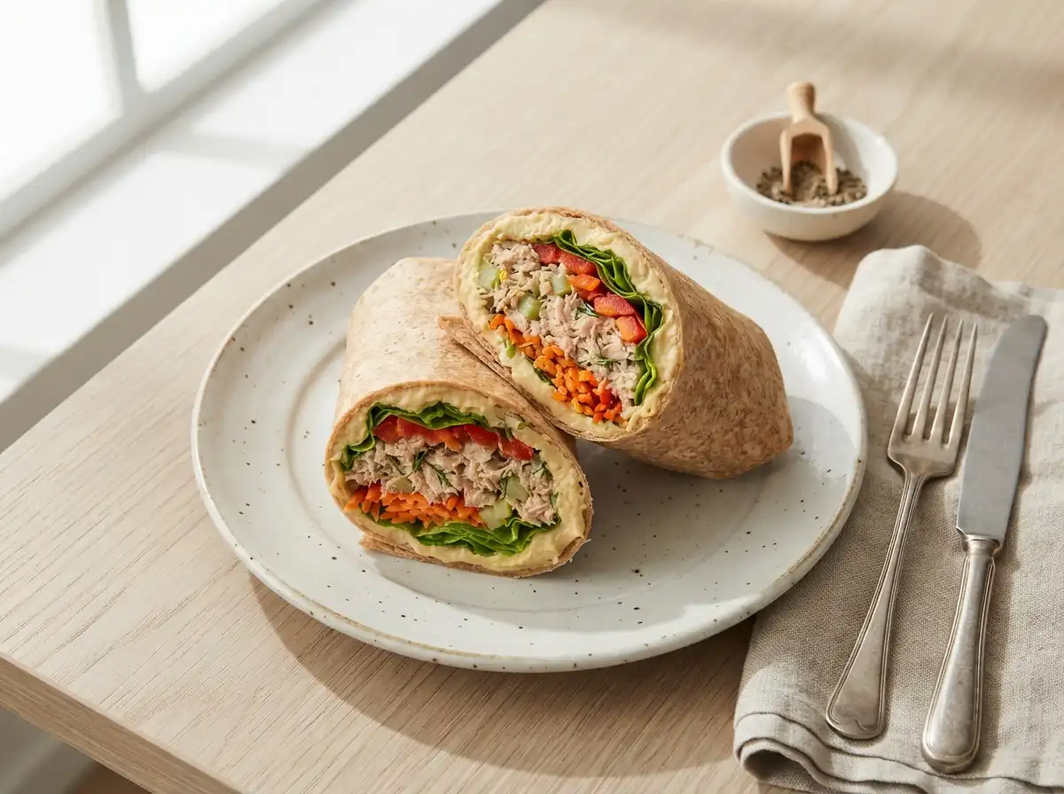 Healthy tuna wrap with hummus and vegetables, cross section