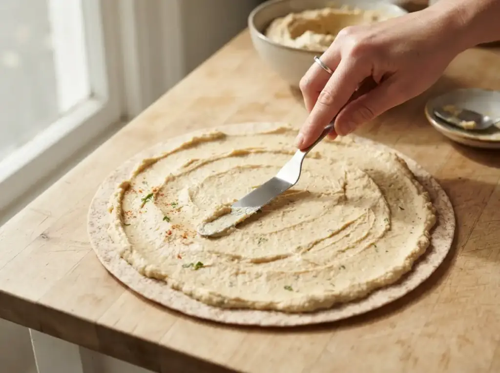 Spreading hummus on a tortilla for a tuna wrap