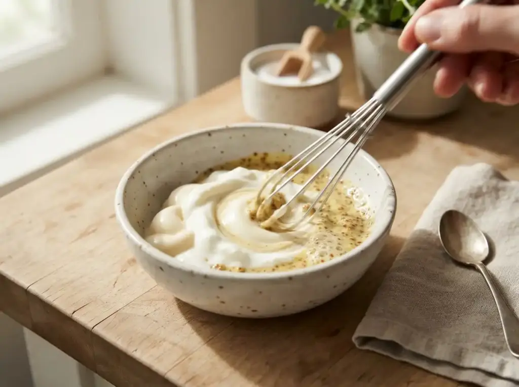 Whisking mayonnaise and Greek yogurt dressing for tuna salad