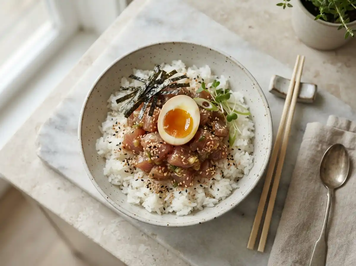 Tuna egg rice bowl with ajitama-style soft-boiled egg