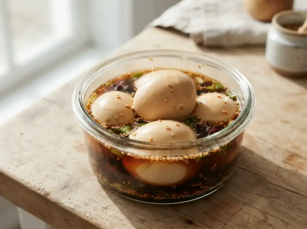 Marinating soft-boiled eggs in soy and mirin
