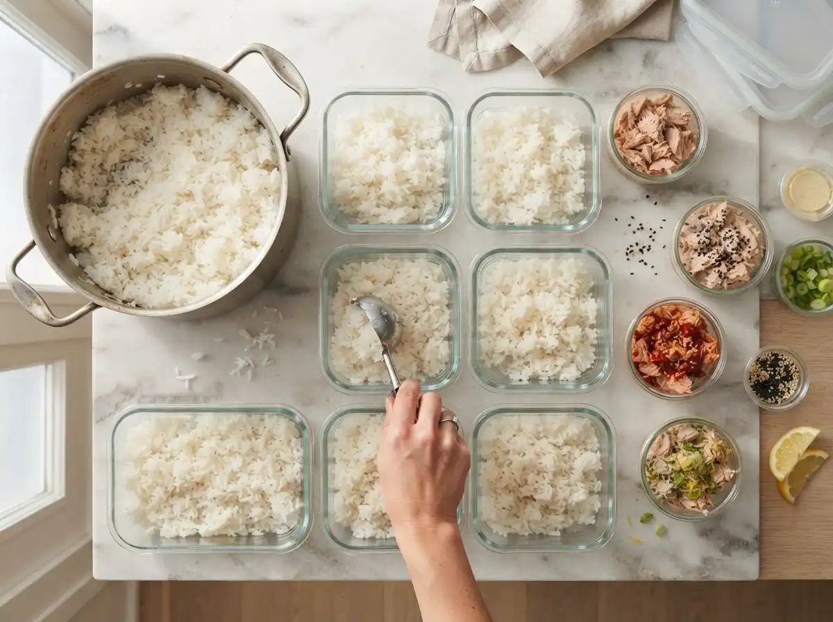 Weekly tuna rice meal prep plan with multiple bowl variations