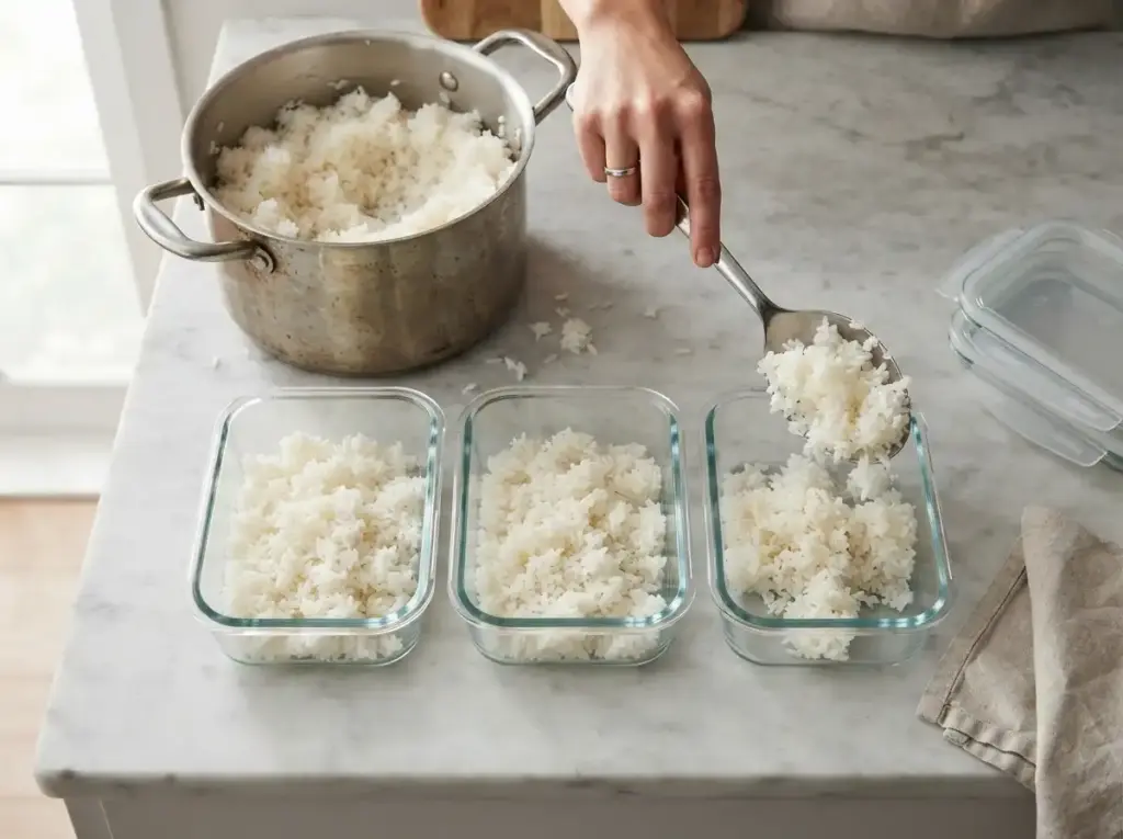 Batch-cooked rice portioned into three meal-prep containers