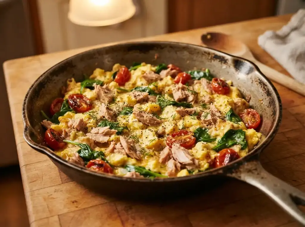 Skillet of tuna and eggs, a canned tuna recipe