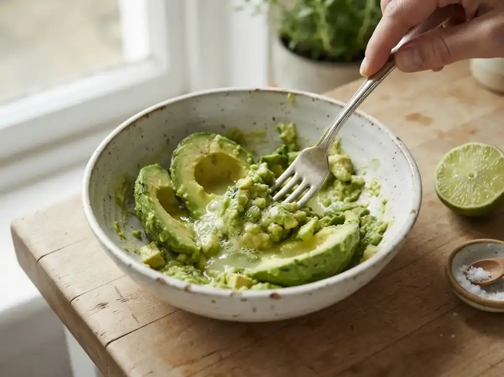 Mashing avocado with lime for tuna salad