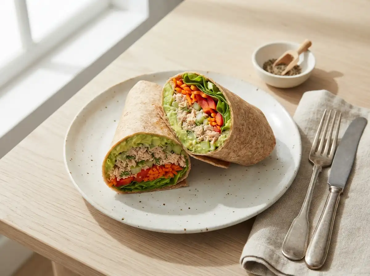 Tuna avocado wrap sliced in half, cross section