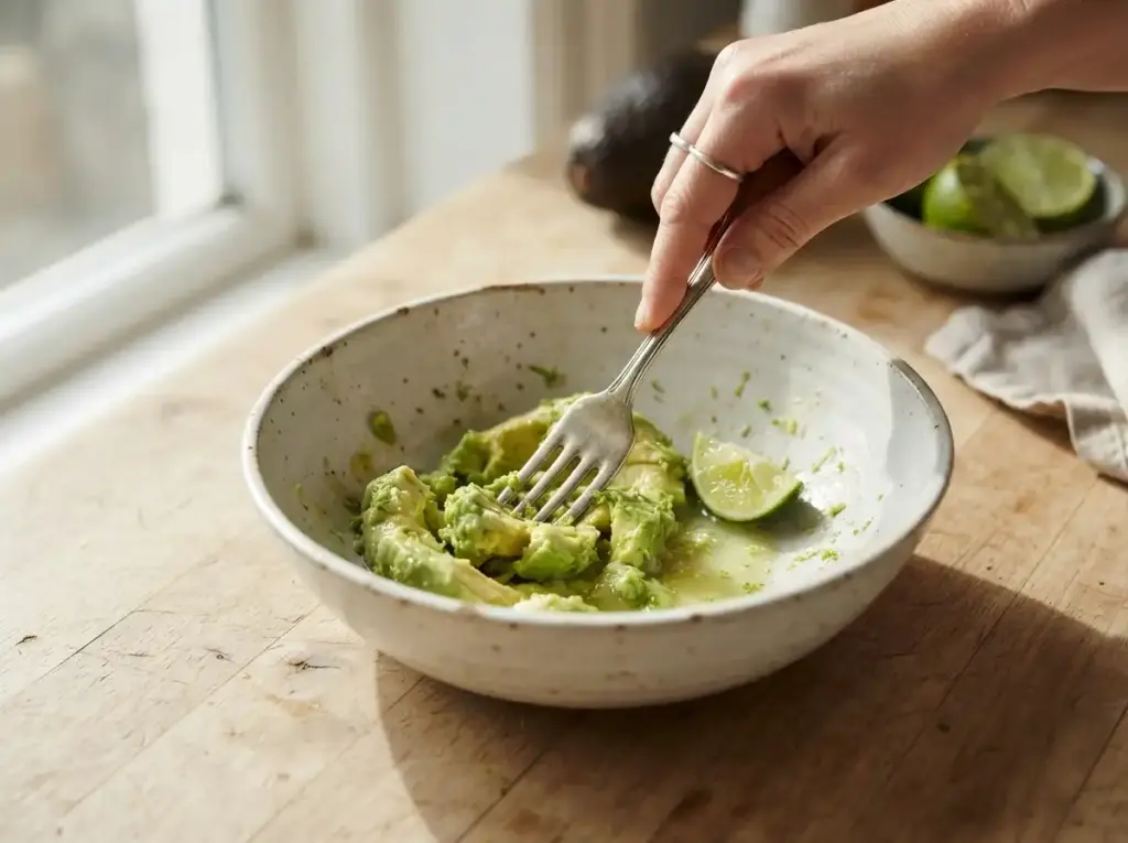 Mashing avocado with lime for a tuna wrap