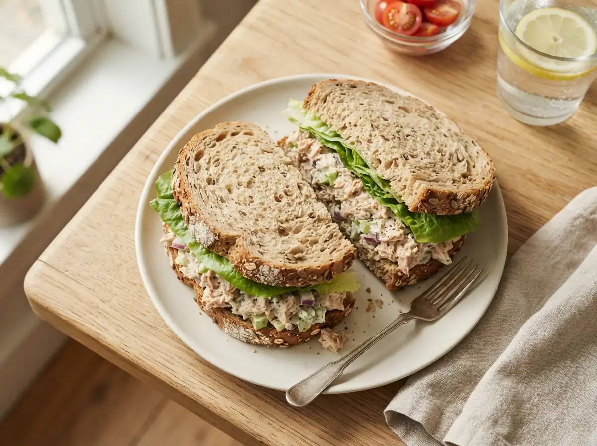 High protein tuna sandwich cut in half, cross section