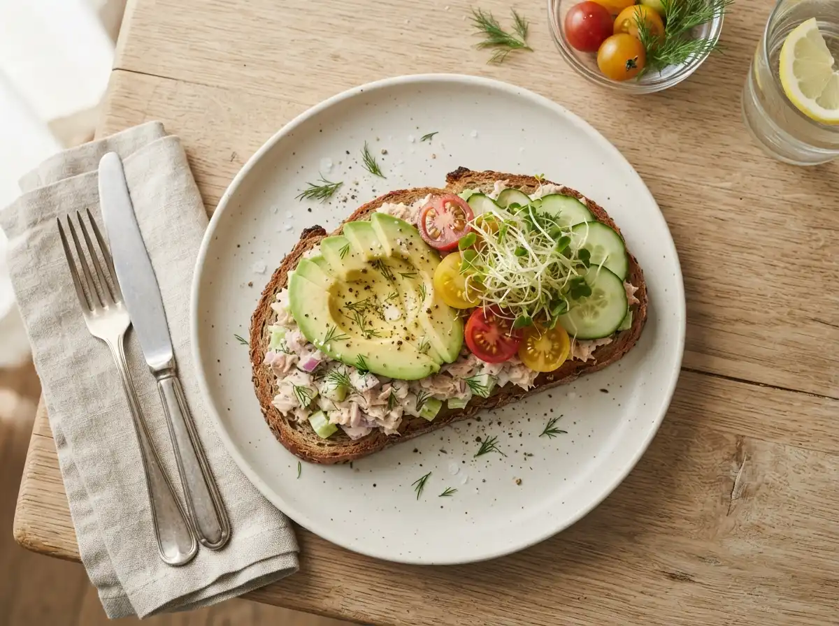 Open-face healthy tuna sandwich with avocado and vegetables