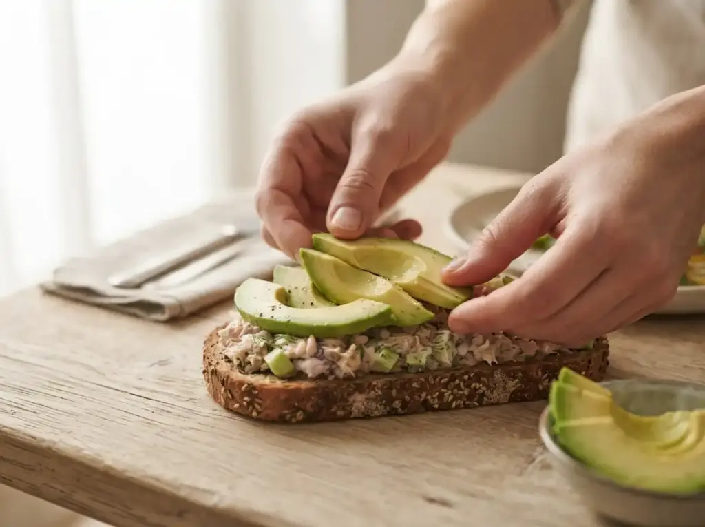 Layering avocado on an open-face tuna sandwich