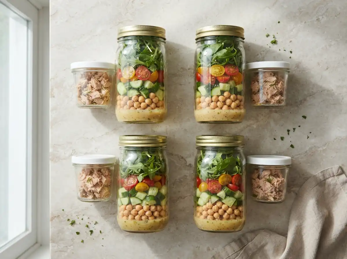 Mason jar tuna lunch meal prep with chickpeas and vegetables
