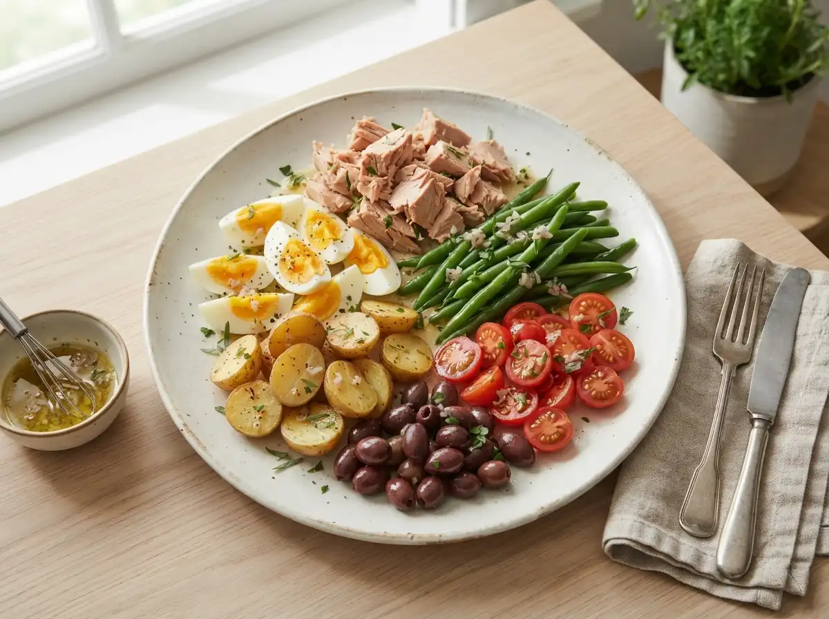 Niçoise-style Mediterranean tuna salad platter with eggs and potatoes
