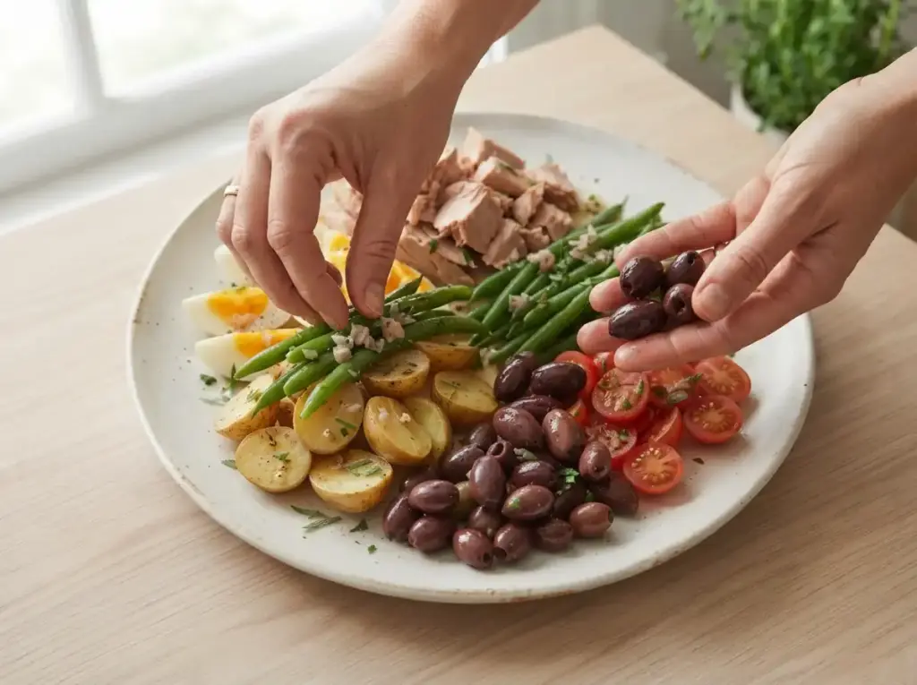 Arranging a composed Mediterranean tuna salad platter
