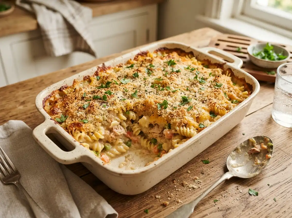 Baked high protein tuna pasta casserole with breadcrumb topping
