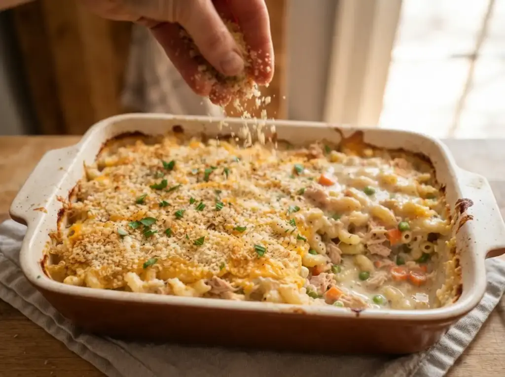 Topping tuna pasta casserole with breadcrumbs before baking