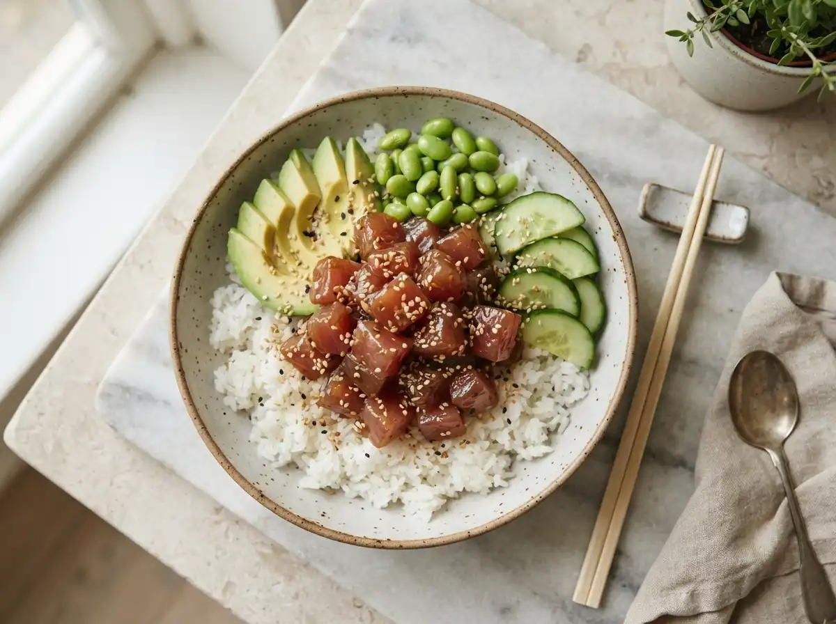 Poke-style tuna rice bowl with avocado and edamame