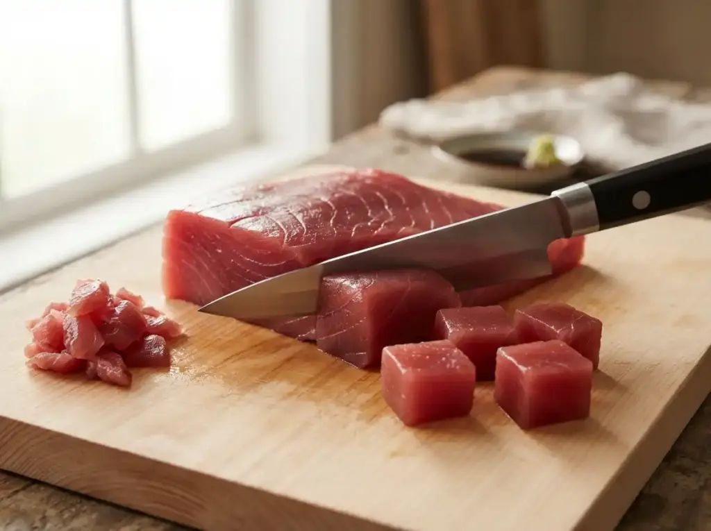 Cubing fresh sashimi-grade tuna for a rice bowl